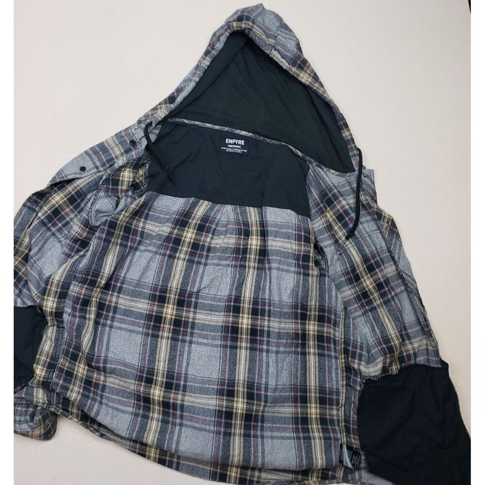 Empyre Men's Lined Flannel Full Zip Sherpa Hoodie Shacket Blue/Gray Plaid Sz M - Picture 3 of 6